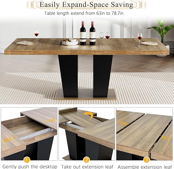 Goujxcy 7-Piece Extendable Dining Table Set for 6-8 People 63-78 Inch Kitchen Table Set with 6 Velvet Upholstered Chairs Farmhouse Rectangular Dining Room Table Set for Kitchen Dining Room Apartment