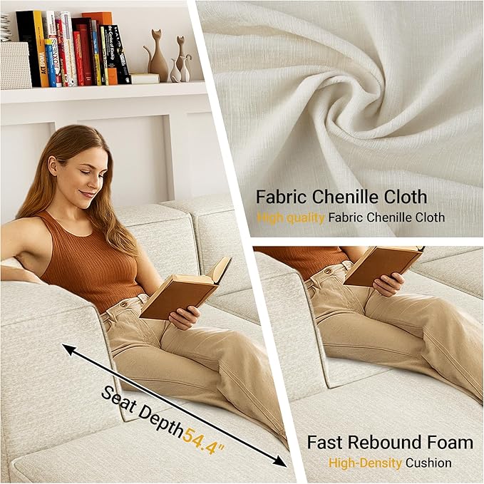 106" Sectional Compressed Sofa Modular Couches,High-Density Foam No Assembly Required,3-Piece(1xCorner 1xArmless 1xOttoman) for Living Room, Chenille Beige White