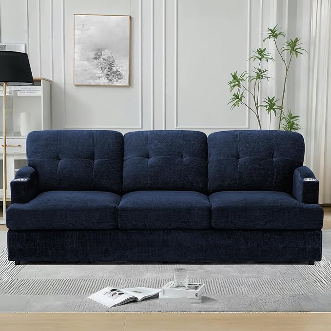 89" Chenille Modern Sofa with Cup Holder, Tufted Upholstered Couch with Thickened Cushions, Comfy 3 Seater Sofa with Deeper Seat for Living Room, Apartment,Blue
