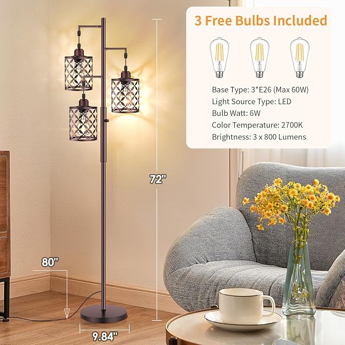 【Upgraded】72" Tall Dimmable Floor Lamp, Farmhouse Standing Lamp with Elegant Metal Cages, Industrial Tree Floor Lamps for Living Room, Bedroom, Study Room, Office (3 x 800LM LED Bulbs Included) -Brown
