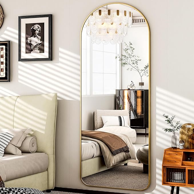 HARRITPURE Arched Full Length Mirror - 64"x21" Large Floor Standing Mirror Aluminum Frame Dressing Mirrors with Stand for Bedroom/Living Room Wall Mounted, Gold