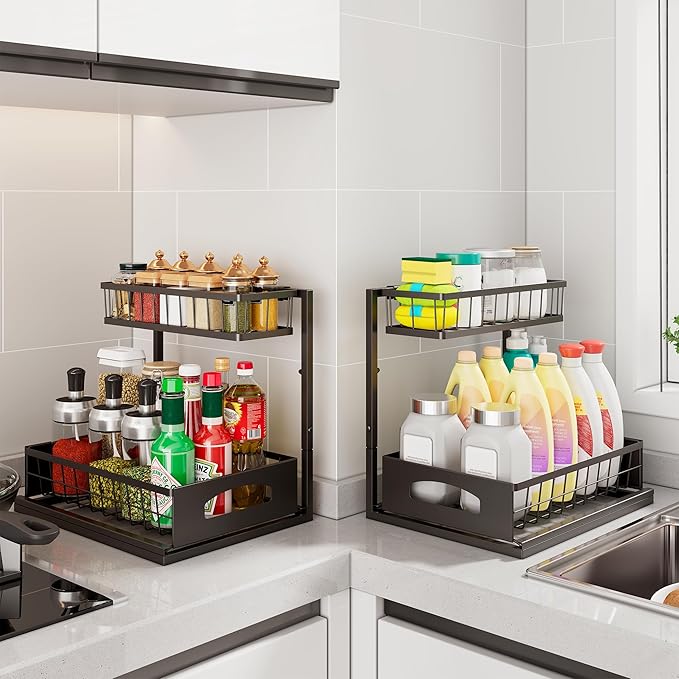 Under Sink Organizer and Storage, Height Adjustable Cabinet Organizer with Slide Out Drawer, Pull Out Under Sink Storage, Multi-Purpose 2 Tier Sink Shelves for Kitchen Bathroom Pantry (Black, 1 Pack)