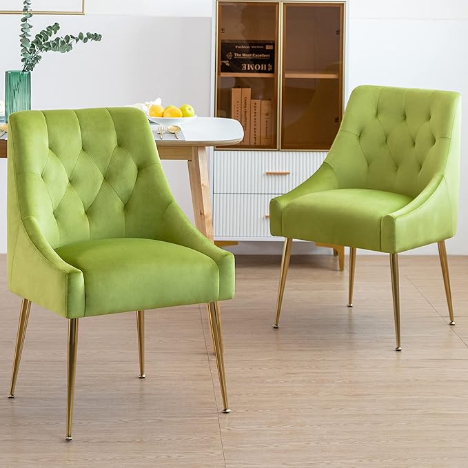 Modern Dining Chair Set of 2, Mid-Century Room Chair, Upholstered Comfortable Velvet with Back Pull Rod and Metal Legs for Kitchen, Living (Yellow-Green), (DYXSD)