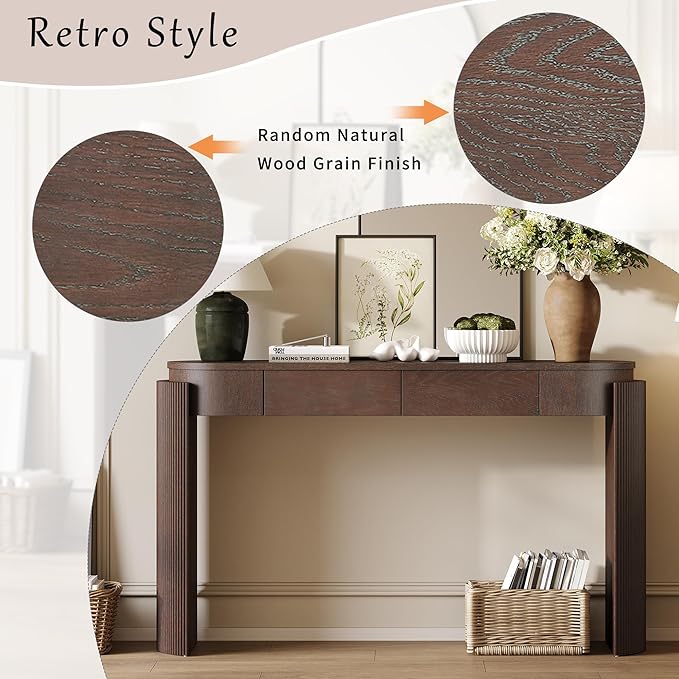 55.1" Entryway Narrow Console Table with Drawers, Oval Top & Fluted Legs, Natural Wood Grain Sofa Table for Hallway, Foyer, Behind Couch, Accent Table for Living Room, Solid Wood + MDF (Espresso)
