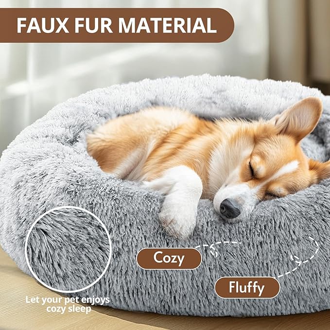 JOLLYVOGUE Medium Calming Dog Bed, Anti-Anxiety Donut Cuddler Cat Bed with Anti-Slip Bottom, Fluffy Faux Fur Machine Washable Pet Cushion for Medium Dog & Cat, 27"/Smoke Gray