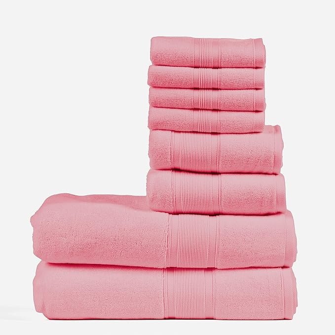 Luzia 8 Piece Bathroom Towel Set - 100% Turkish Cotton, Premium Quality - 2 Bath Towels 2 Hand Towels and 4 Washcloths (Coral)