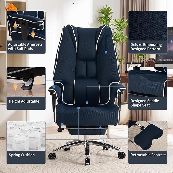 Big and Tall Office Chair 400lbs Wide Seat, Leather High Back Executive Office Chair with Lumbar Support, Ergonomic Chairs Padded Armrests & Thick Cushion (Mesh Blue)