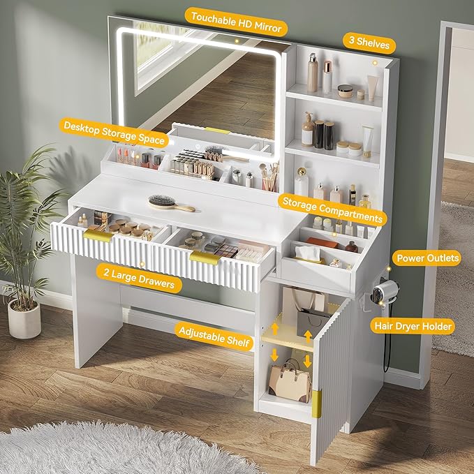 DWVO Fluted Makeup Vanity Desk with Large 27" Mirror and Lights, Modern Big Makeup Table with Power Outlet, 11 Shelves & 2 Drawers, 3 Color Lighting Modes, Dressing Table Vanity Set for Bedroom, White