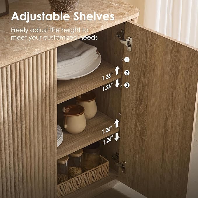 Fluted 2 Doors Sideboard Cabinet with Storage-Wooden Credenza w/Shelves, Faux Marble-Top Coffee Bar Console Table, Modern Buffet Cabinet for Dining, Kitchen, Living Room, Entryway, Natural Oak, 3pcs