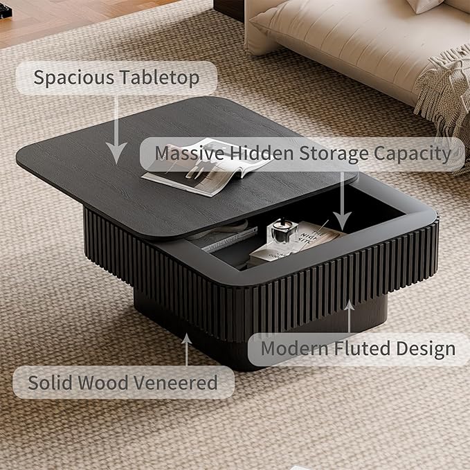 Square Coffee Table for Living Room,Fluted Drum Accent Tea Center Table with Storage,Solid Wood Modern Coffee Tables for Small Space Office Apartment (31.5" L×31.5''W×14''H-Black)