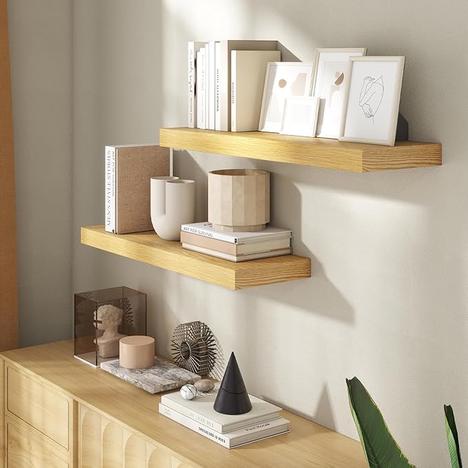 30 Inch Floating Shelves for Wall, 8 Inch Deep Floating Shelf for Storage & Display, Rustic Wall Mounted Shelf with Invisible Brackets for Living Room, Kitchen, Bathroom, Home Decor, Set of 2, Oak