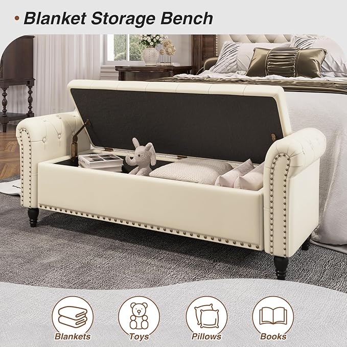 Bedroom Bench, End of Bed Bench with Storage, 55-Inch Bed Benches for Foot of Bed, Faux Leather Window Bench, Upholstered Storage Bench with Tufted Button and Nailhead Trim, Rolled Arms, Cream White