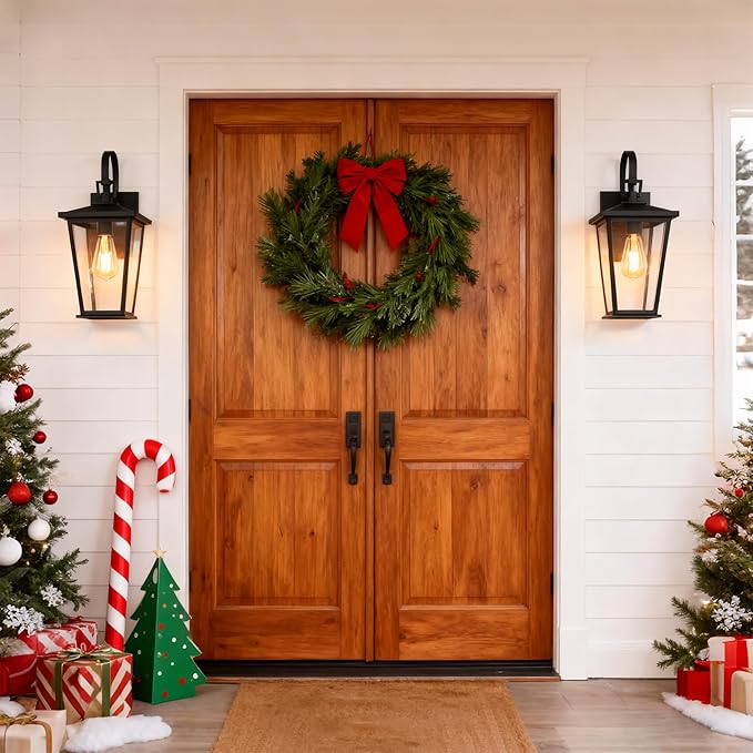 Kalium Outdoor Wall Lights Fixtures Lantern Frame 16 1/8", Outside Lights Black Transitional Durable Metal, Clear Glass for Post Exterior Barn Deck House Porch Yard Patio Garage Garden