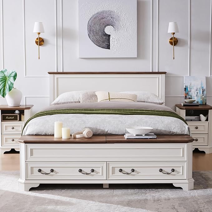 T4TREAM Farmhouse Queen Bed with Headboard and Storage Bench, Rustic Wood Platform Bed with 64" Storage Chest w/ 4 Large Drawer (Antique White)