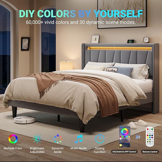 Allewie Queen Size LED Bed Frame with Charging Station, Velvet Upholstered Platform Bed with Geometric Wingback Headboard, Modern Frame with No Box Spring Needed, Easy Assembly, Grey