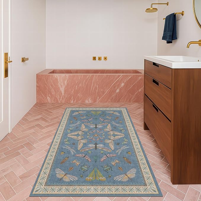 Washable Blue Rugs for Bedroom Bedside - 3x4 Area Rug for Large Kitchen, Entrance Indoor, Boho Insect Print Bug Décor, Non Slip Low Pile Fade Resistant