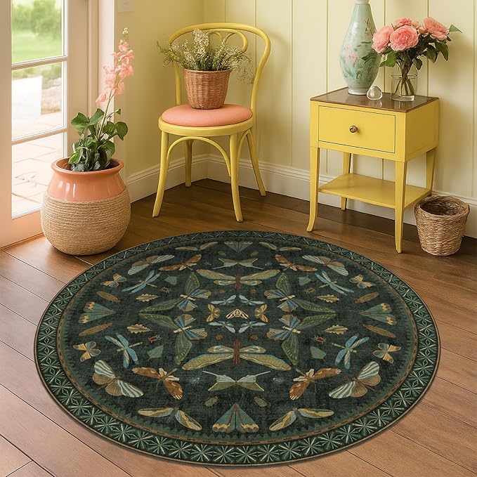 Vintage Dark Green 4ft Round Small Rug for Entryway Indoor - Soft Washable Circle Throw Rugs for Living Room, Home Office, Reading Corner, Insect Stain Resistant Kitchen Carpet, Boho Home Décor
