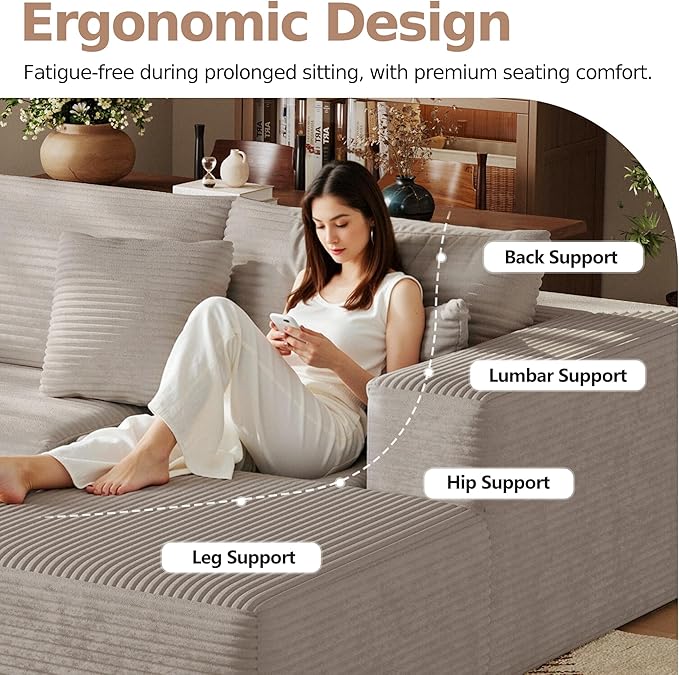 108'' Modular Sectional L-Shaped with Chair,Deep Seat Boneless Corner Couch for Living Room,Plush Corduroy Couch with Detachable Sofa Set,No Assembly(Right Facing Chaise,Camel)