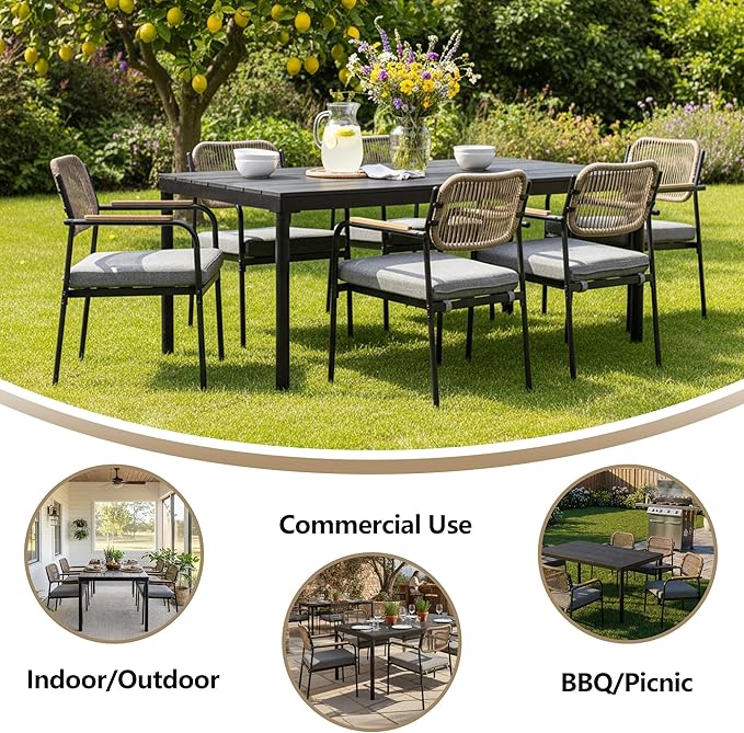 Outdoor Dining Chairs Set of 6, Wicker Patio Dining Chairs with Removable Cushions, Rectangle Patio Table Chair, All Weather Outdoor Chairs, Metal Lawn Chair for Adults/Indoor/Balcony, Gray