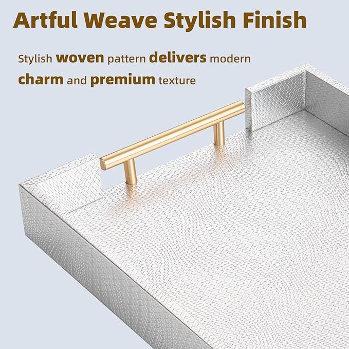 2 Piece Woven Leather Ottoman Tray with Gold Handles, Perfect Rectangular Serving Tray for Living Room, Coffee Table Tray as Thoughtful Gift for Home Decor Enthusiasts (Sliver)