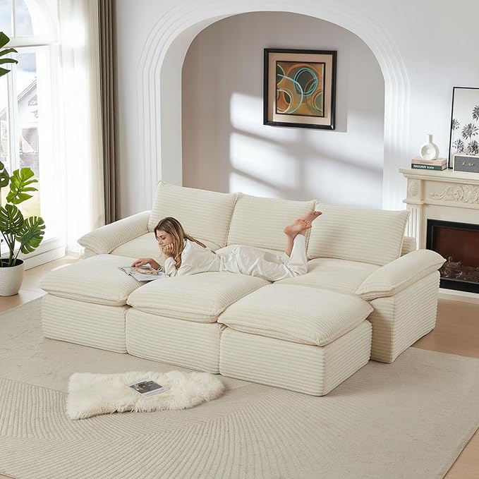 111" Cloud Sectional Couch, Corduroy Sectional Sofa with Ottoman, Boneless Couch with Deep Seat in a Box for Living Room, No Assembly Required (White)