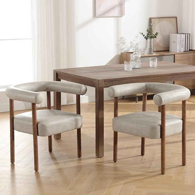 PU Leather Dining Chairs Set of 2, Modern Upholstered Dining Chairs, Curved Backrest Kitchen Dining Room Chairs Accent Chairs Arm Chairs with Natural Wood Legs, Grey