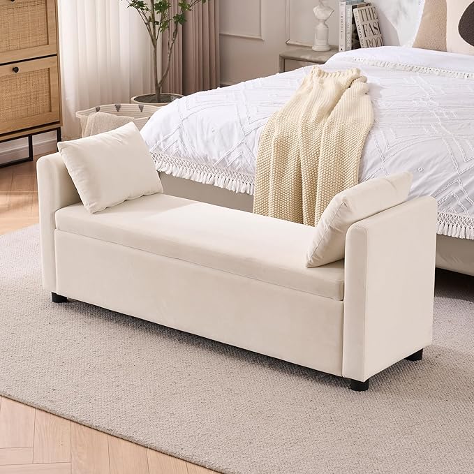 Storage Bench for Bedroom, 55" End of Bed Bench for King Size Bed, Modern Upholstered Long Ottoman Bench with Arms and 2 Pillows for Living Room/Entryway (Ivory White)