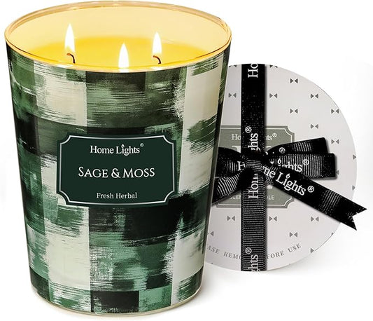 HomeLights 3-Wick Candles for Home Scented - 34oz Soy Wax Blend Candle Long-Lasting Fragrance, Scandinavian Minimalist Design Home Decor and Housewarming Gifts, Sage & Moss