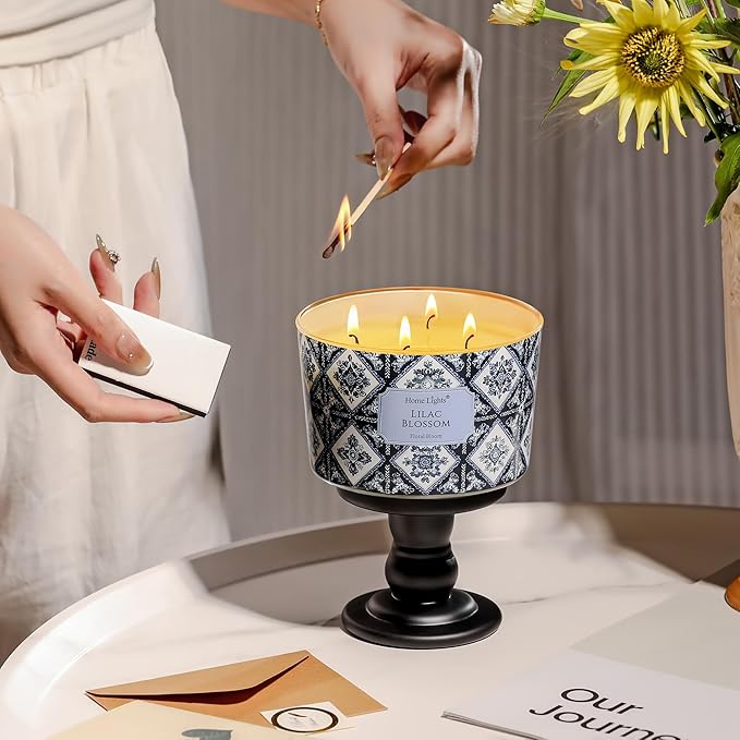 HomeLights 4-Wick Candles for Home Scented - 18oz Soy Wax Blend Candle Long-Lasting Fragrance, Bohemian Natural Textures Home Decor and Housewarming Gifts, Lilac Blossom