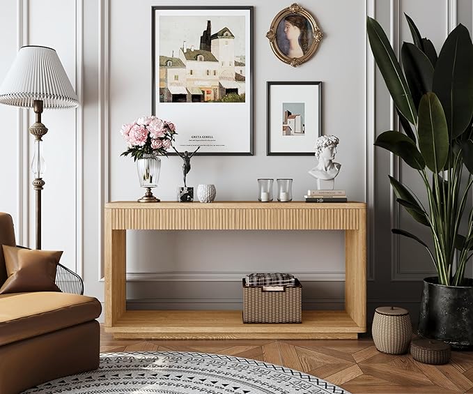 59.8”Rectangular Rustic Fluted Console Table with 2 Drawers,Solid Wood Entry Table Hallway Table, Modern Farmhouse Narrow Sofa Table for Foyer Living Room,Bedroom,Apartments-Natural Oak
