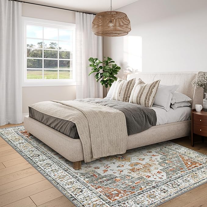 Moynesa Ultra-Thin Vintage Area Rug 6x9, Large Living Room Rugs for Bedroom Aesthetic, Washable Carpet for Under Dining Room Table, Oriental Medallion Printed Low Pile Mat for Office Playroom Dorm