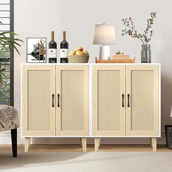 Panana Buffet Cabinet Sideboard with Rattan Decorated Doors Kitchen Storage Cupboard Accent Cabinet (White)