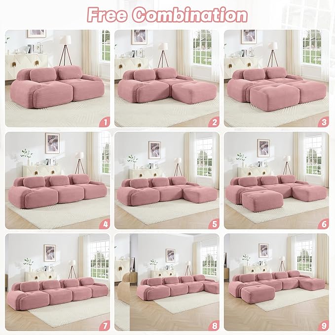 152" Modern Compressed Boneless Couch with Ottoman, 4 Seater Large L Shaped Sectional Couches for Living Room, Pink Corduroy Cloud Modular Sectional Sofa, Memory Foam, Extra Deep, No Assembly