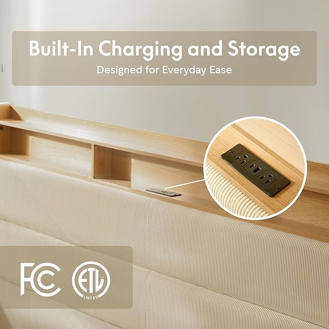 FLEXISPOT King Platform Bed Frame with 51" Tall Upholstered Corduroy Headboard, Two-Tier Storage Shelves, LED Light & Charging Station, Remote Pocket, No Box Spring Needed,1100Ibs Heavy-Duty, Beige