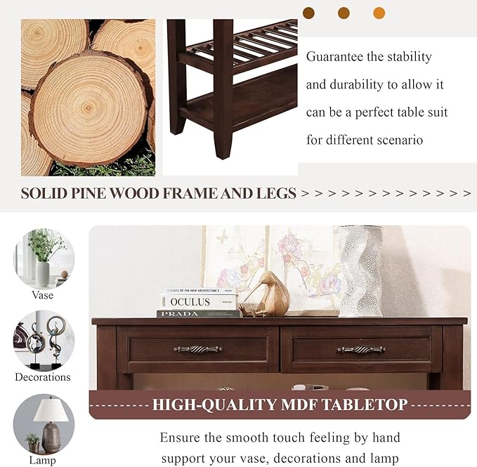KEIKI 42”L Pine Solid Wood Entryway Console Table with 2 Storage Drawers, Mid-Century Retro Behind Couch Sofa Table with 2 Tiers Open Shelf for Hallway, Entrance, Entry Way, Living Room, Foyer