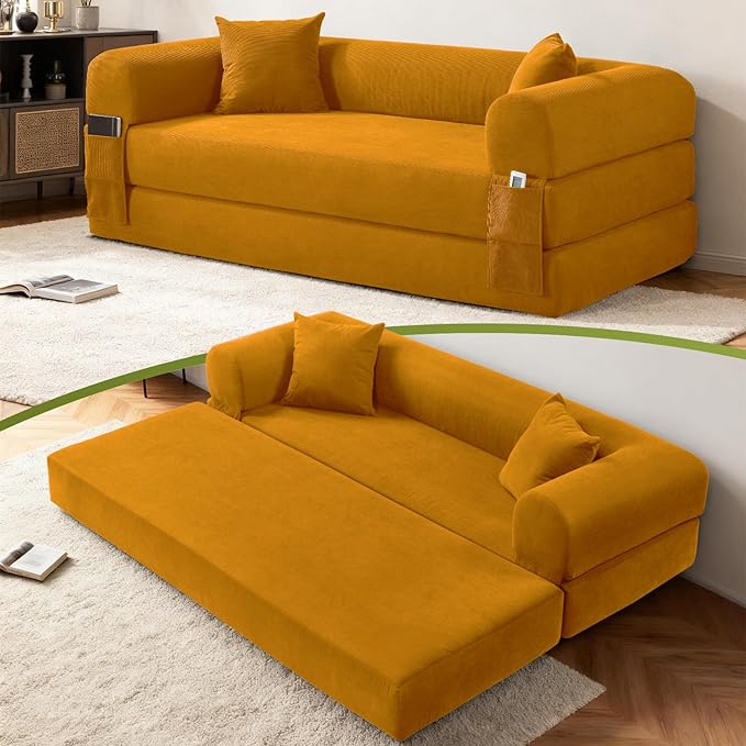 80" Convertible Sofa Bed,Folding Pull Out Couch with Pillows & Storage Pocket,Modular Corduroy Queen Sleeper Sofa in a Box,No Assembly Boneless Couch for Living Room,Yellow