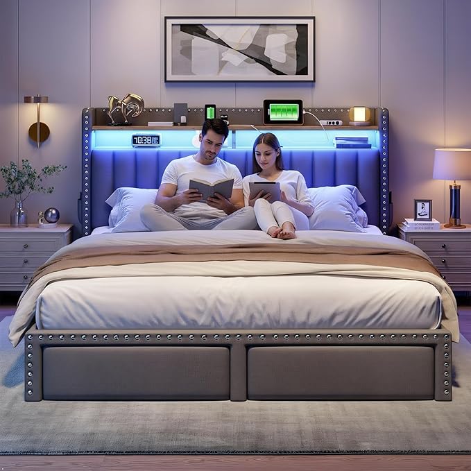 EnHomee Queen Bed Frame with 2 Storage Drawers, Upholstered Platform Bed with LED Lights and Charging Station, Sturdy Wooden Slats Support, No Box Spring Needed, Noise Free, Grey