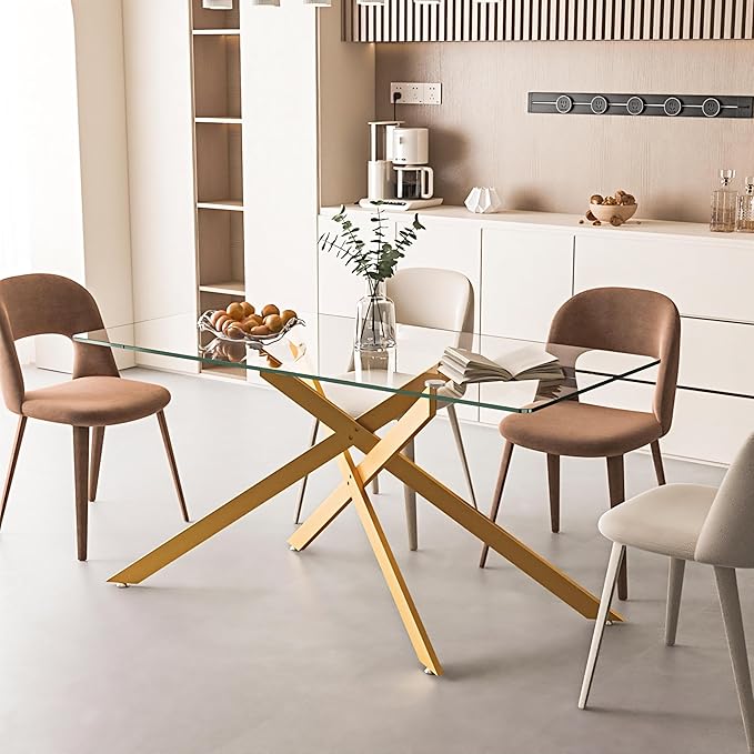 60" Glass Dining Table Modern Kitchen Table for 4-6 People, Contemporary Rectangular Dining Room Dinner Tables with Clear Glass Top & Gold Metal X Legs for Kitchen Apartment