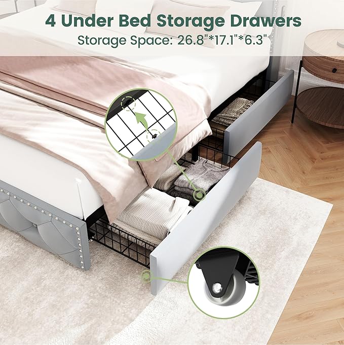 LARMACE Queen Size Bed Frame with Headboard Upholstered Tufted LED Platform Bed Frame Queen with 4 Storage Drawers&USB,Type-C Charging Station,Heavy Duty,No Box Spring Needed,Easy Assembly,Bluish Grey