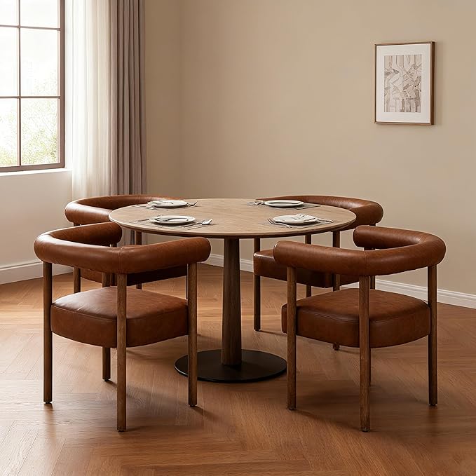 PU Leather Dining Chairs Set of 4, Modern Upholstered Dining Chairs, Curved Backrest Kitchen Dining Room Chairs Accent Chairs Arm Chairs with Natural Wood Legs, Brown