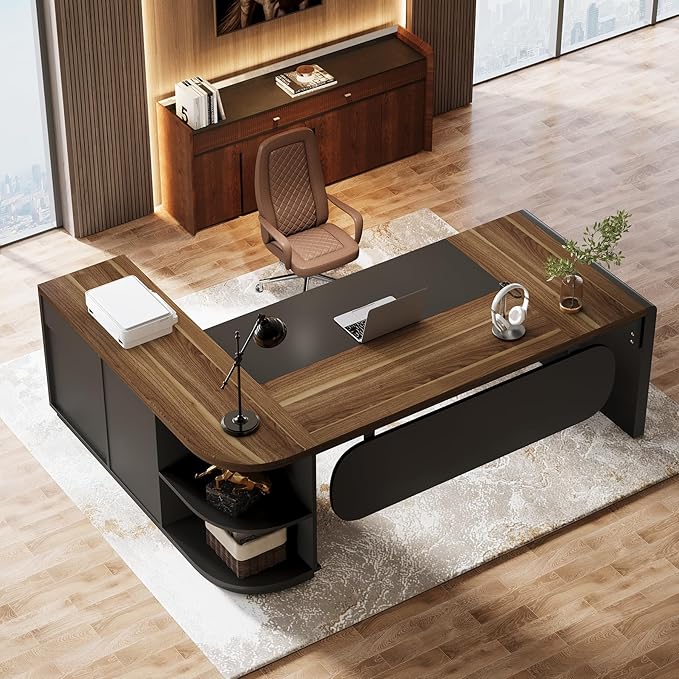 Tribesigns 80'' L-Shaped Desk, Large Executive Office Desk with 55'' Drawers Cabinet, Modern Commercial Office Table with Storage Shelves, Business Furniture for Home Office, Brown & Black