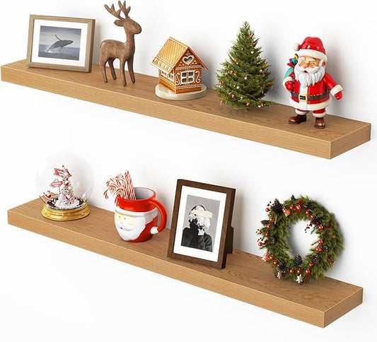 Heimlove 36 Inch Floating Shelves for Wall,Mounted Storage & Display Wood Shelves with Invisible Brackets,Hanging Shelf for Bedroom Living Room Kitchen Office,Set of 2,Oak Color