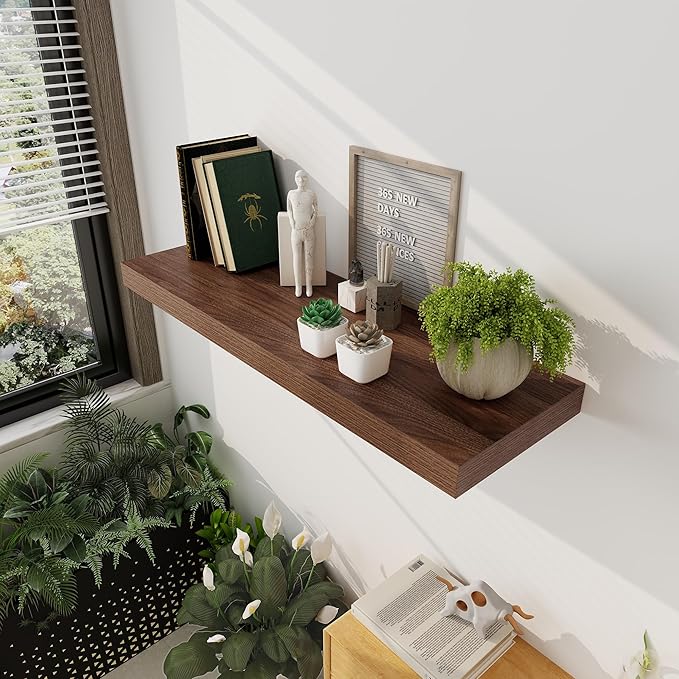 Floating Shelves 36 Inch Long, 12 Inch Deep Floating Shelves for Wall, 36 x 12 Shelves for Wall Storage & Display, 2" Thick Floating Shelf for Bathroom, Living Room, Bedroom, Walnut Color, Set of 2