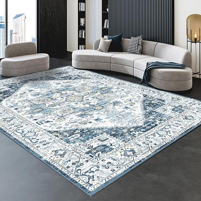 8x10 Area Rugs for Living Room, Machine Washable Non Slip Vintage Retro Rugs, Low Pile Lightweigt Chenille Print Indoor Rug for Bedroom, Dining Room, Home Office (Blue Gold Cream 8X10)…