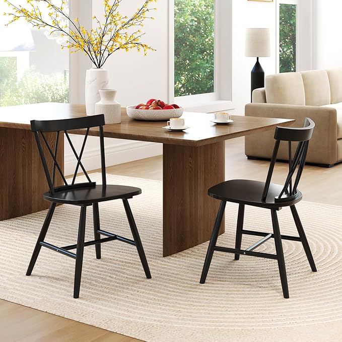 Giantex Windsor Dining Chairs Set of 2, Farmhouse Wooden Kitchen Chairs w/Cross Back, Wide Seat, Rubber Wood Frame, Armless Side Chairs for Kitchen, Dining Room, Living Room, Restaurant, Black