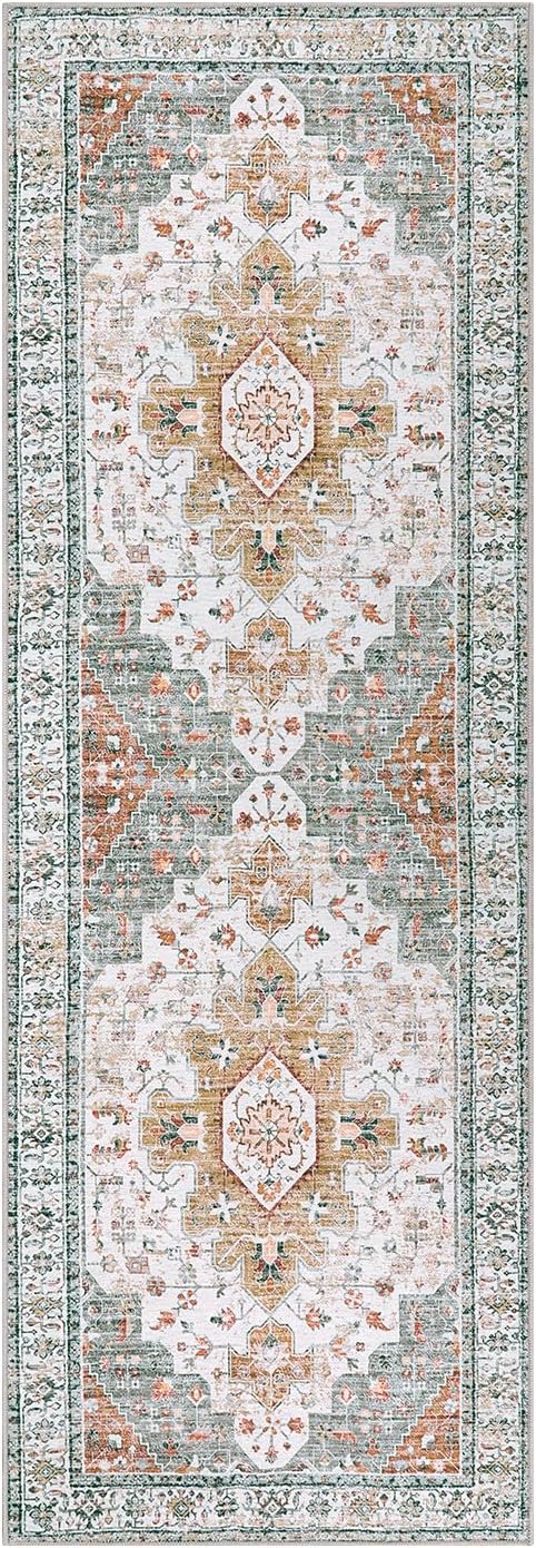 Moynesa Ultra-Thin Washable Runner Rug - 2x6 Bathroom Runner Washable Laundry Room Rug Printed Entryway Carpet Runner, Vintage Pet Friendly Low Pile Runners for Living Bedroom Kitchen, Beige/Gold