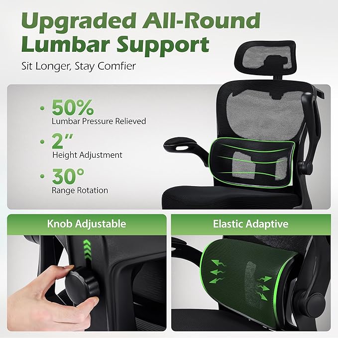 Office Chair Ergonomic Desk Chairs with Adjustable Lumbar Support& Headrest Hanger, High Back Breathable Mesh Chair with Wheels, Rolling Swivel Comfy Task Computer Chair for Home Work Gaming