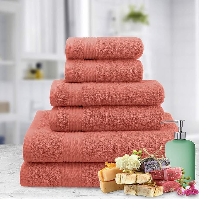 American Veteran Towel, 6 Piece Towel Set for Bathroom, 100% Cotton Turkish Bathroom Towels, 2 Bath Towels 2 Hand Towels 2 Washcloths, Coral