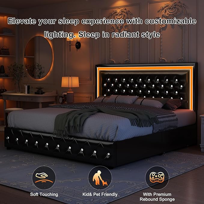 Queen Led Bed Frame with 4 Storage Drawers, Bed Frame with Led Lights, No Box Spring Needed, 900 lbs Capacity, Easy Assembly, PU Black