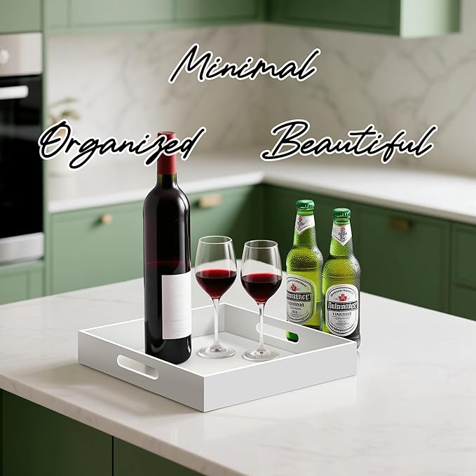 Glossy White Acrylic Serving Tray with Handles-Butler Trays for Coffee Table, Snacks,Breakfast in Bed, Kitchen Countertop,Vanity,Makeup Organizer,Ottoman (White, 12x12 Inches)